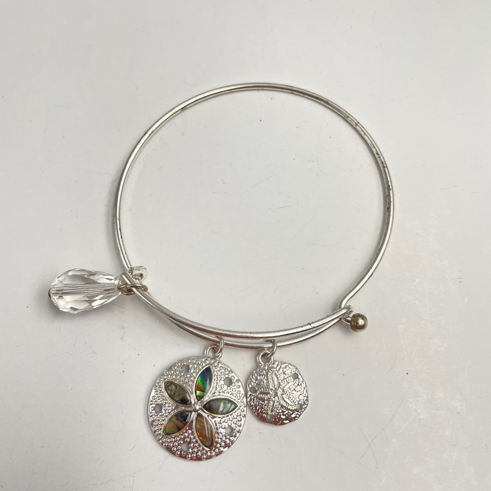 Vintage 90s Silver Tone Sand Dollar Bangle Bracelet Glass Charm Inlay Beach Boho